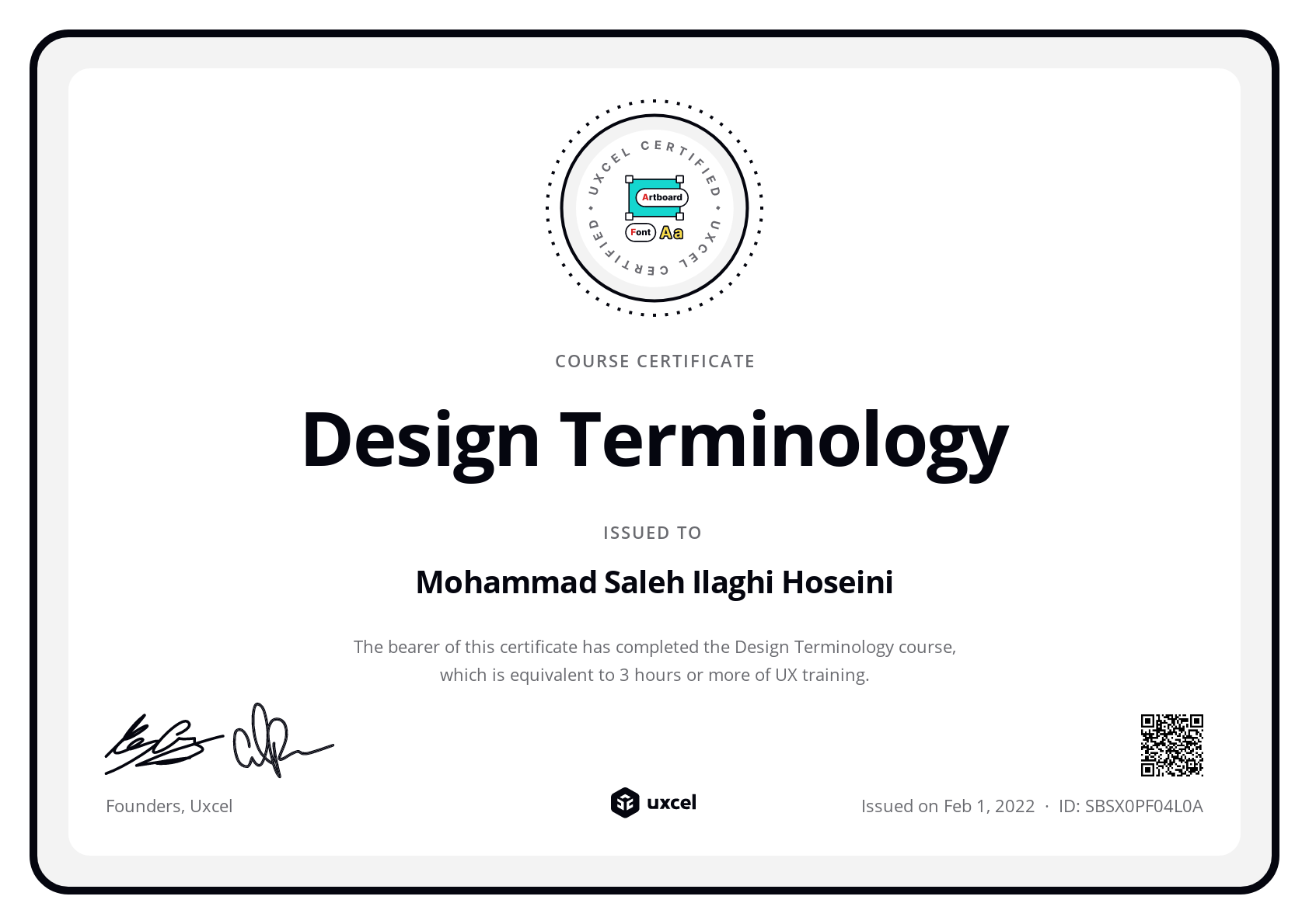 Mohammad Saleh Ilaghi Hoseini's certificate